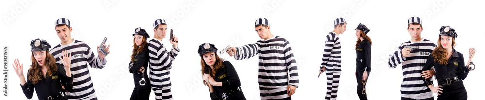 Fototapeta premium Police and prison inmate on white