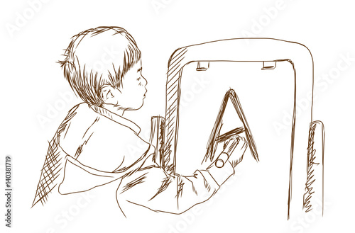 Hand drawn sketch of boy writing on board in vector illustration.
