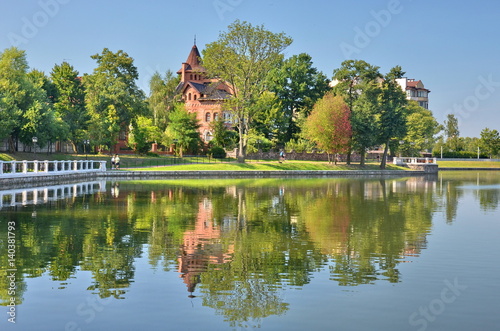 An ancient castle on the shore of the pond. Kaliningrad.