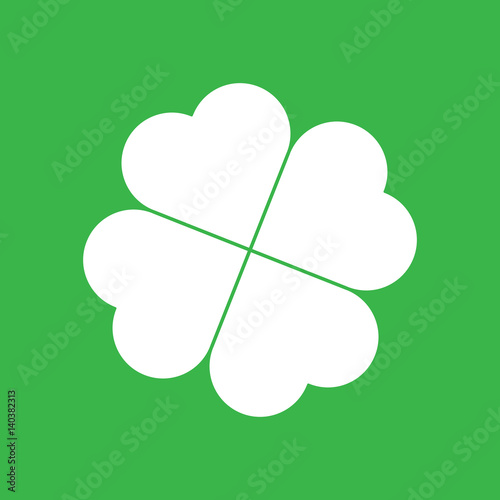 Shamrock silhouette - white four leaf clover icon on green background. Good luck theme design element. Simple geometrical shape vector illustration.