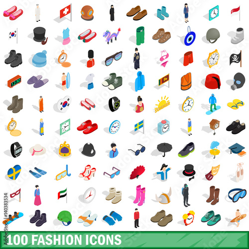 100 fashion icons set  isometric 3d style