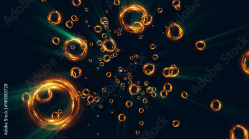 3D Atoms. Luminous nuclear electrons model on dark background. Glowing bots structure. Physics concept. .Dust power core. Ray ring light ball. Micro model Bubbles