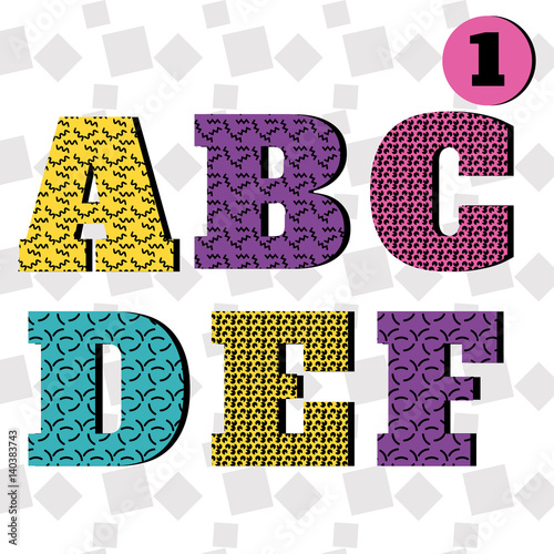 Colorful font in Memphis style. Latin letters from A to F
