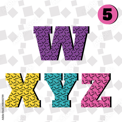 Colorful font in Memphis style. Latin letters from W to Z
