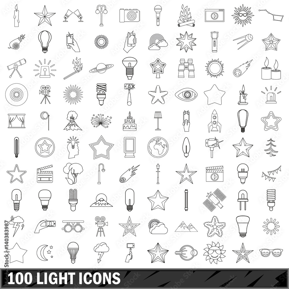 100 light icons set, outline style 100 light icons set, outline style