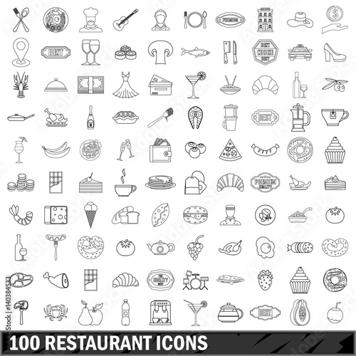 100 restaurant icons set, outline style