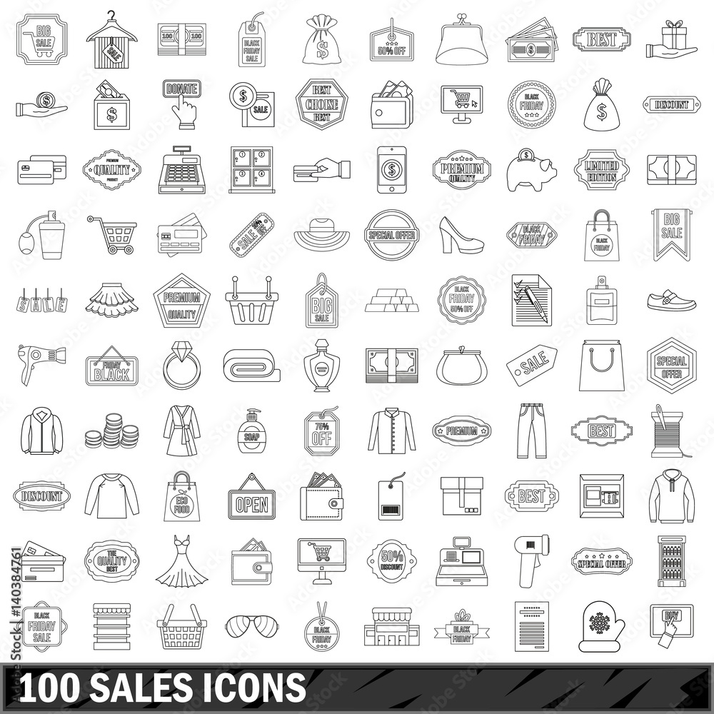100 sales icons set, outline style 100 sales icons set, outline style