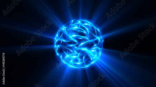 3D Atom icon. Luminous nuclear model on dark background. Glowing bots structure. Physics electrons concept. Dust power core. Ray ring light ball. Micro model proton.