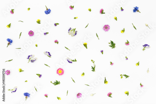 Flowers pattern on white background. Top view, flat lay