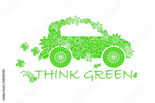 Typography banner Think green, green stylized flowers doodle car on white, stock vector illustration