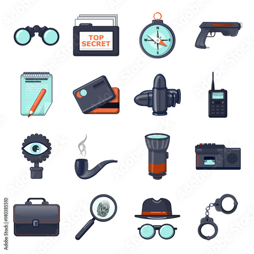 Spy icons set, cartoon style