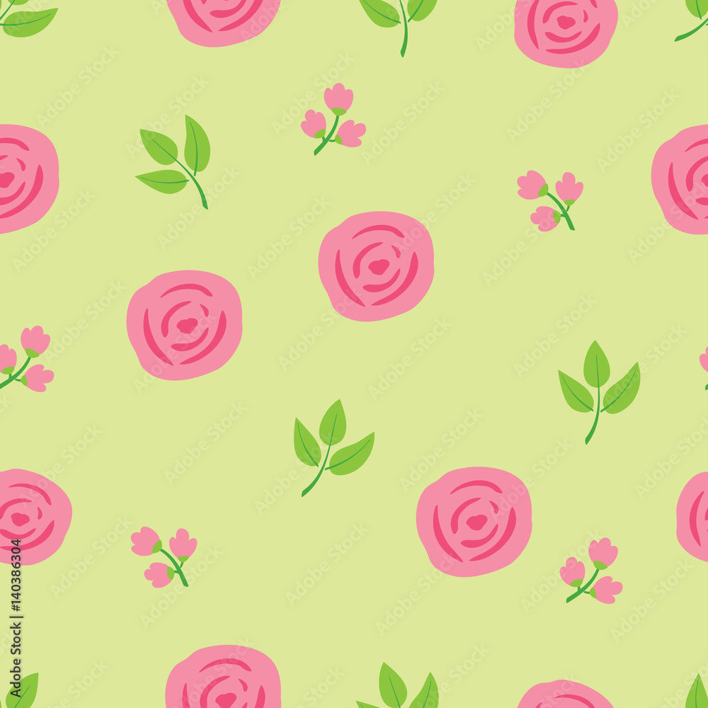 Simple floral seamless pattern with hand drawn spring flowers for textile, wallpapers, gift wrap and scrapbook. Green background. Vector illustration.