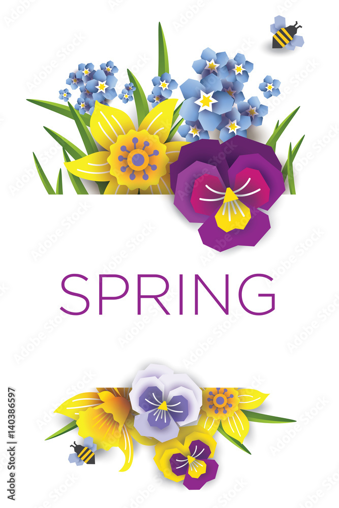 Vector banner of spring flowers. Daffodils and daisies on a white background. Template for the design of promotions, greeting cards.