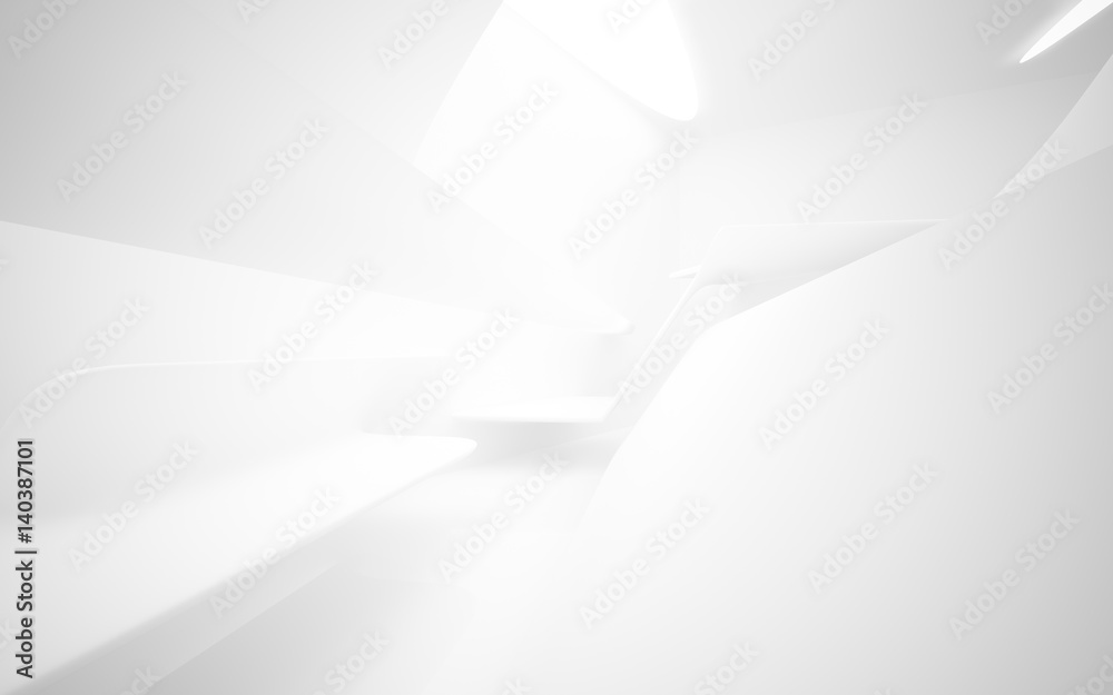 Obraz premium Abstract interior of the future in a minimalist style with violet sculpture. Night view . Architectural background. 3D illustration and rendering