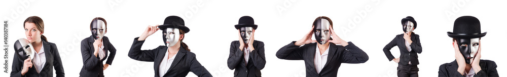 Woman with mask in hypocrisy concept Woman with mask in hypocrisy concept
