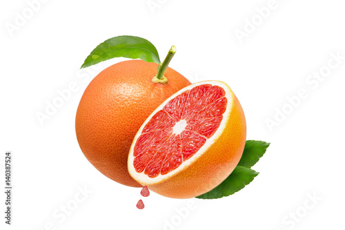 Isolated grapefruits. A pink grapefruit and half isolated on white background, clipping path