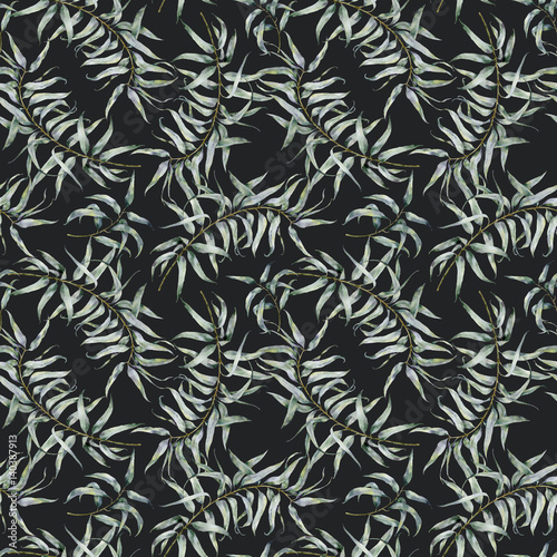 Watercolor pattern with eucalyptus. Hand painted ornament with branches with leaves isolated on black background. Natural print for design, fabric.