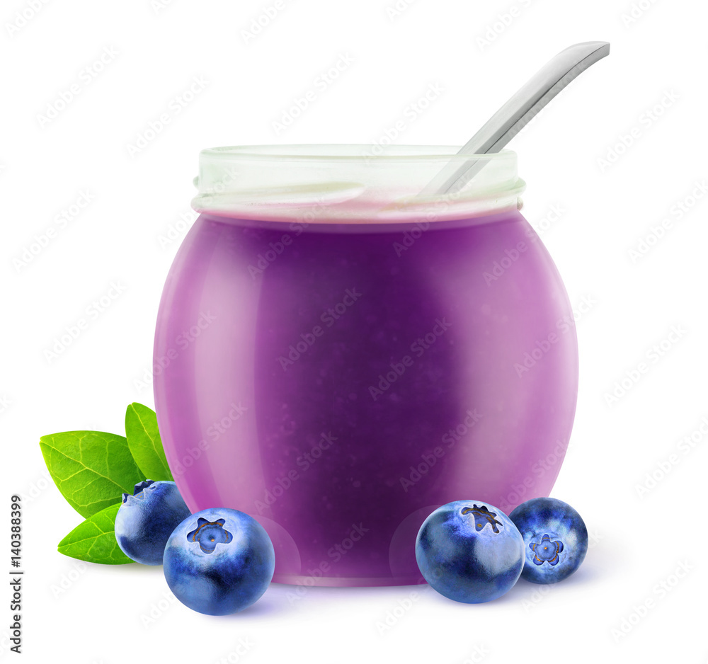 Isolated blueberry jelly. Blueberry fruits and open jam jar isolated on white background with clipping path