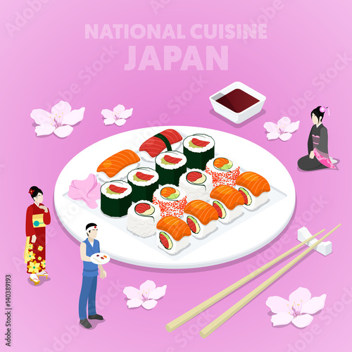 Isometric National Cuisine Japan with Sushi and Japanese People in Traditional Clothes. Vector 3d flat illustration