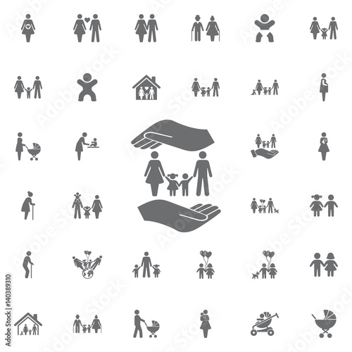 family and hands vector icon. life insurance sign. Set of family icons