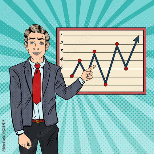 Pop Art Businessman Pointing Growth Graph. Business Planning. Vector illustration