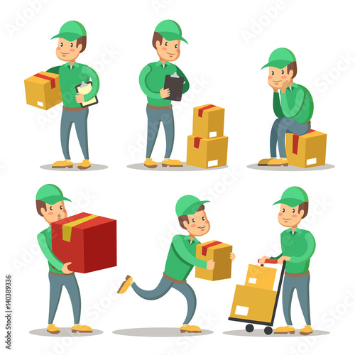 Delivery Service Man Cartoon Character Set. Courier with the Box. Vector illustration