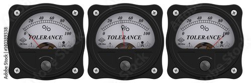 Analog indicator showing the level of tolerance. 3D Illustration. Isolated