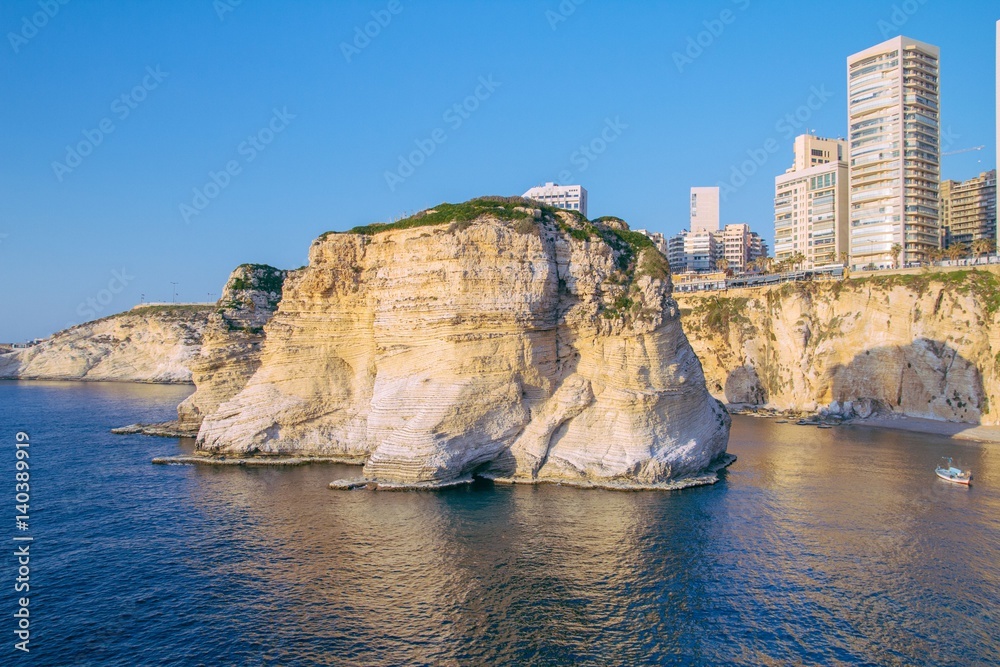 Fototapeta premium Beirut pigeon rocks. Sea coast background.