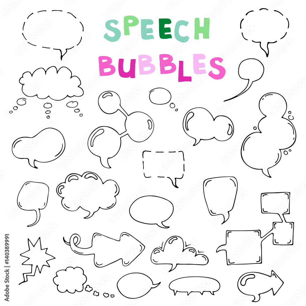 Fototapeta premium Vector hand drawn set of comic speech bubbles. Isolated. Black outlines. Collection of cartoon speech and thought communication bubbles in doodle style. Blank empty speech bubbles. Colorful.