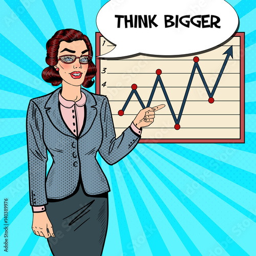 Pop Art Business Woman Pointing on Growth Graph. Business Presentation. Vector illustration