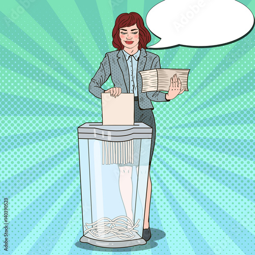 Pop Art Secretary Woman Destroying Paper Documents in Shredder. Vector illustration
