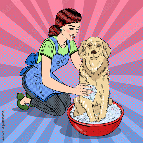 Pop Art Happy Woman Washing Their Dog. Vector illustration