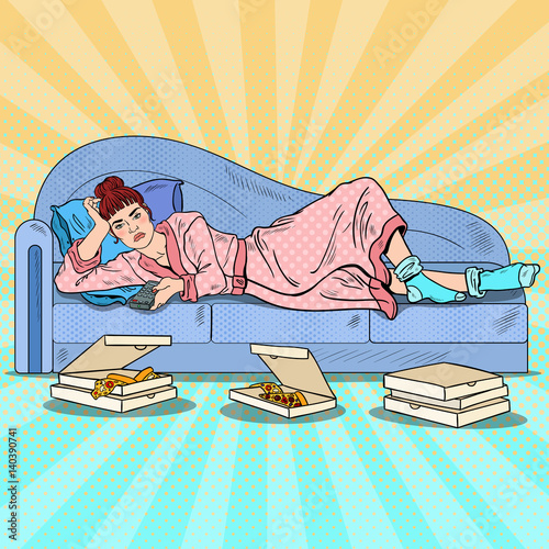 Pop Art Lazy Woman Lying on Sofa and Watching TV with Pizza. Vector illustration