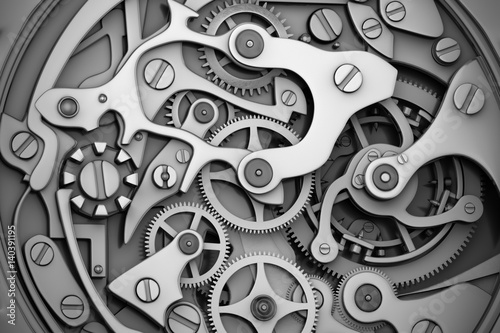 Watch machinery with gears grayscale photo