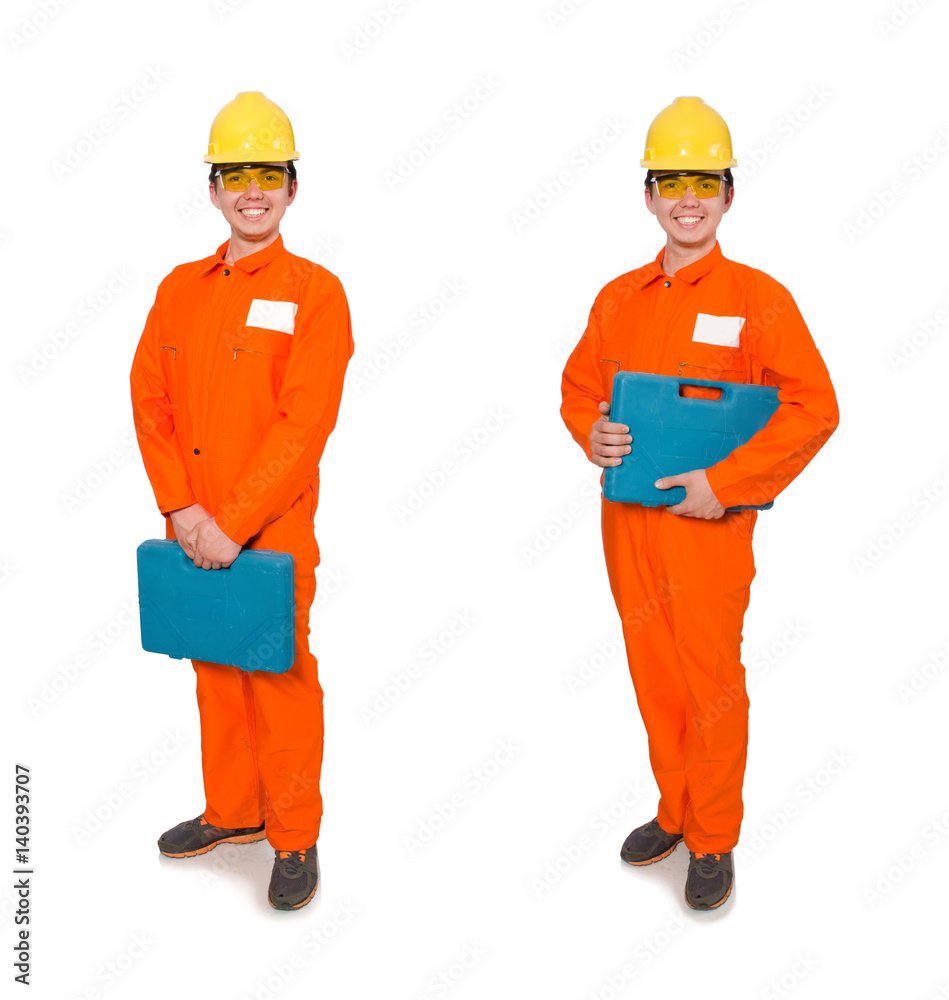 Man in orange coveralls isolated on white