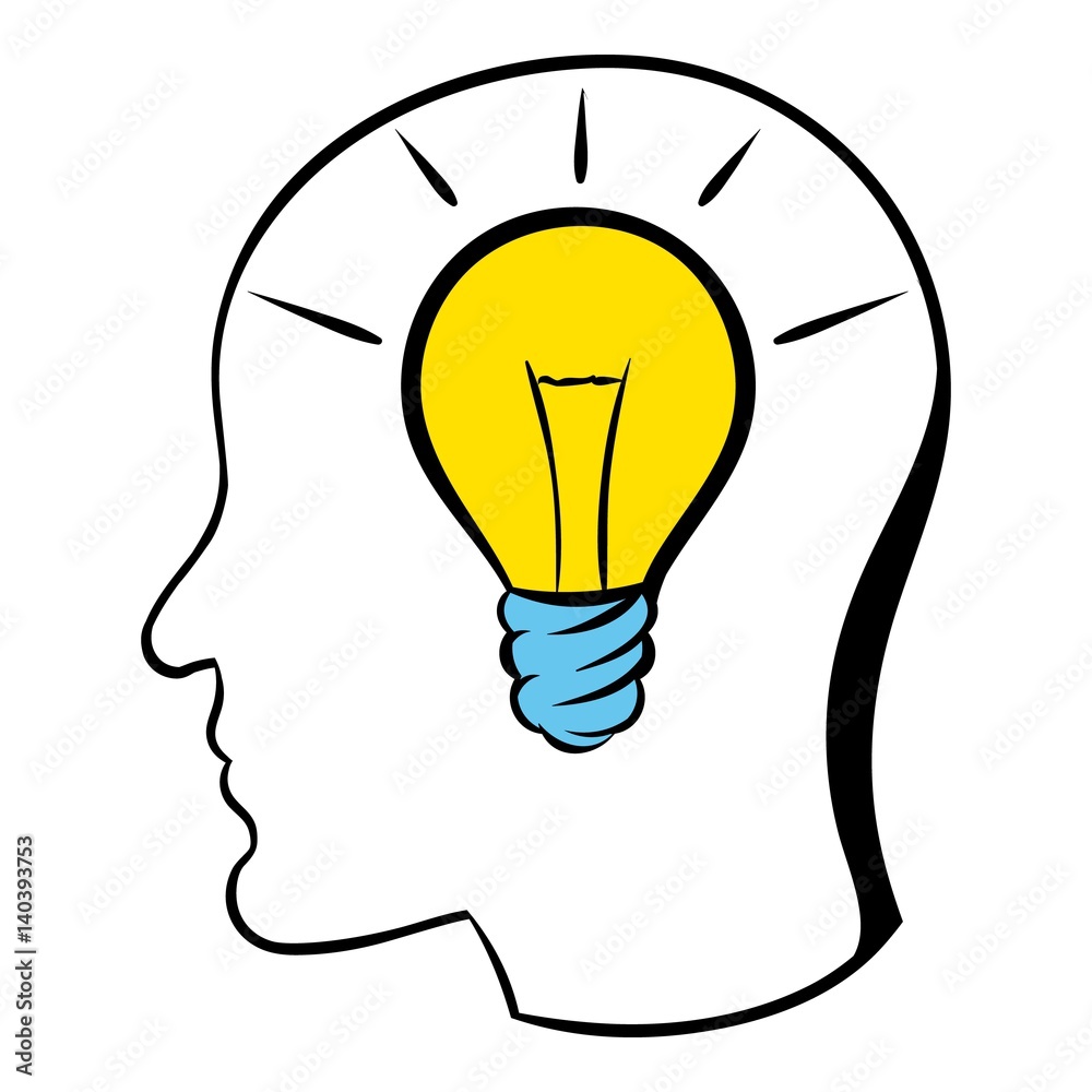 Head with light bulb icon, icon cartoon Head with light bulb icon, icon cartoon