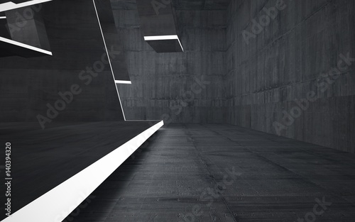 Empty dark abstract concrete and wood room smooth interior. Architectural background. Night view of the illuminated. 3D illustration and rendering © SERGEYMANSUROV