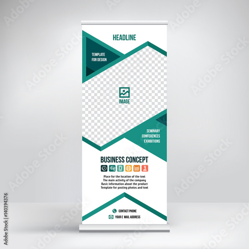 
Banner roll-up vector, green graphic template for the exhibition stand, for the conference, accommodation advertising information and photos. Business concept, vector background