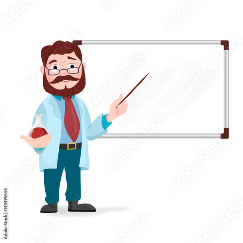 Senior science teacher, scientist professor standing in front of blackboard teaching student in classroom at school, college or university.