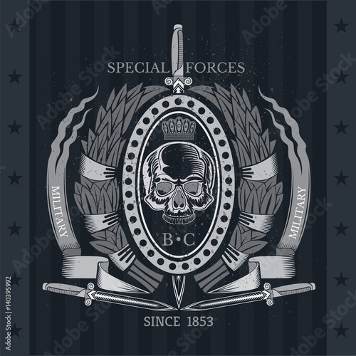 Vertical sword with skull front view in center oval frame between laurel wreath and ribbons. Vintage label isolated on blackboard