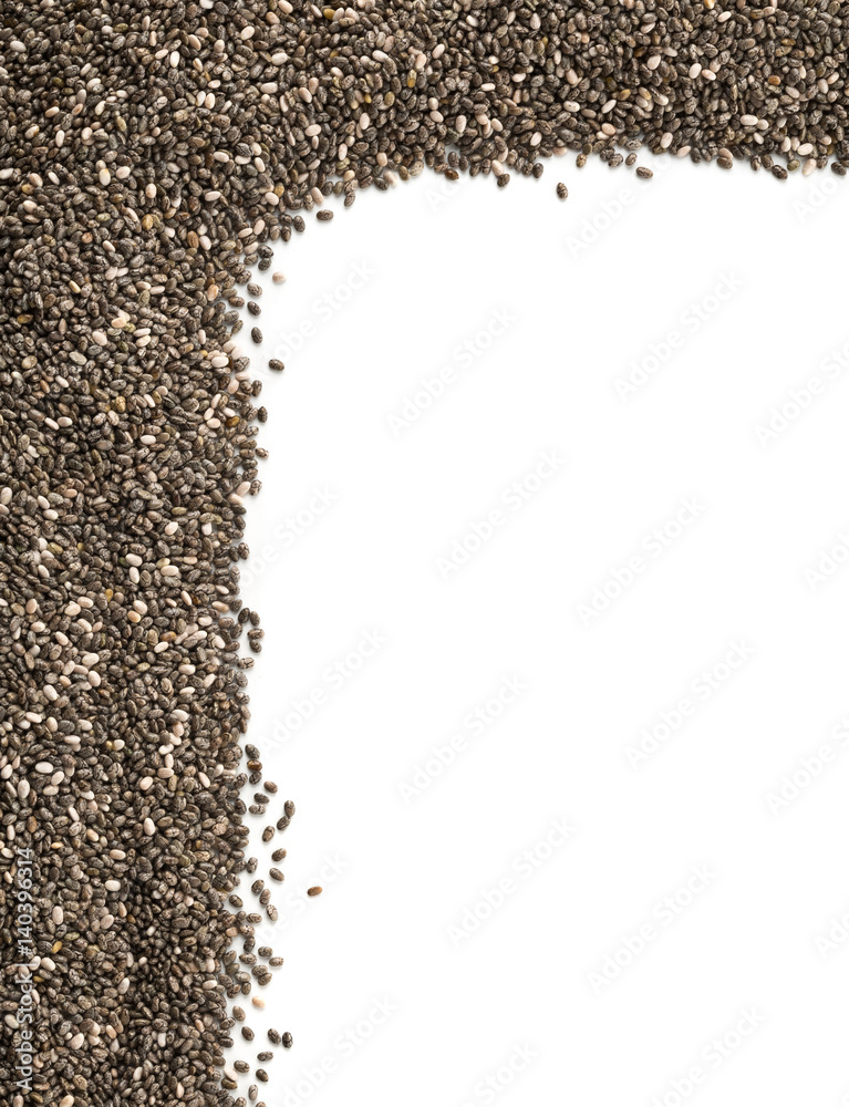 Raw unprocessed whole dried black chia seed corner edge background Raw unprocessed whole dried black chia seed corner edge background