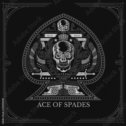 Ace of spades from skull front view between wreath and vintage weapon. Vintage heraldic label on black