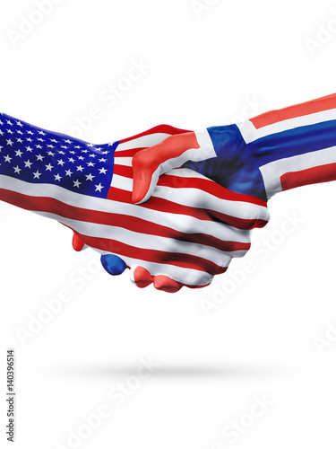 Flags United States and Norway countries, partnership handshake. photo