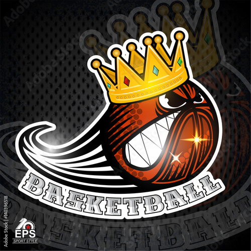 Basketball ball angry character with golden crown. Sport logo for any team