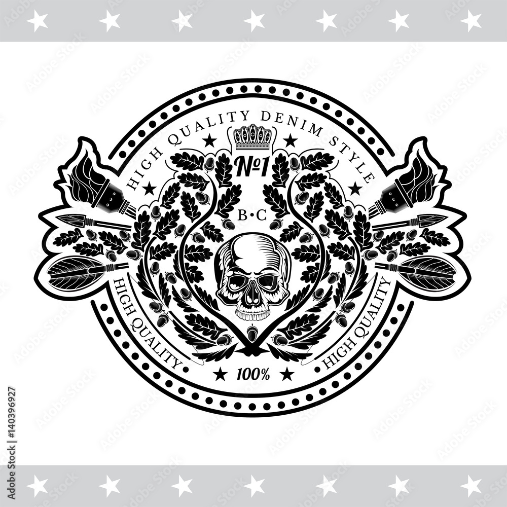 Fototapeta premium Skull front view in center oak wreath with cross arrows and torches . Heraldic vintage label on white