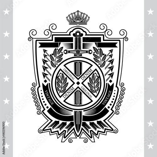 Round frame with sword, ribbons and arrows on white