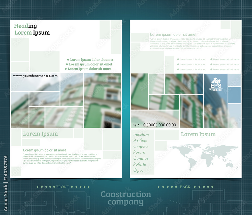 Two sided brochure or flayer template design with exterior building blurred photo elements. Mock-up cover in green vector modern style