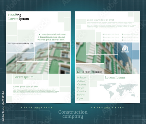 Two sided brochure or flayer template design with exterior building blurred photo elements. Mock-up cover in green vector modern style