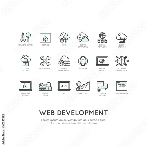 Vector Icon Style Illustration of Web Development, Programming, Network Service, Security, Online Application, Cloud Computing, Isolated Minimalistic Objects