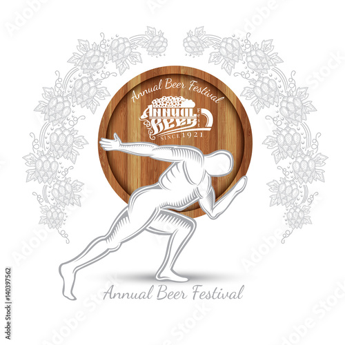 Abstract man carry realistic barrel in the center of wreath from hop cone. Beer illustration on white